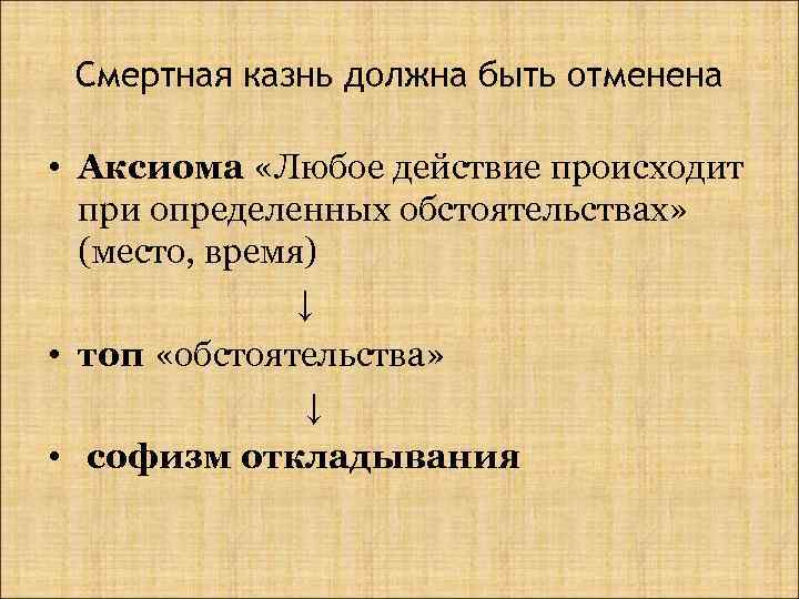 Смертная казнь должна быть отменена • Аксиома «Любое действие происходит при определенных обстоятельствах» (место,
