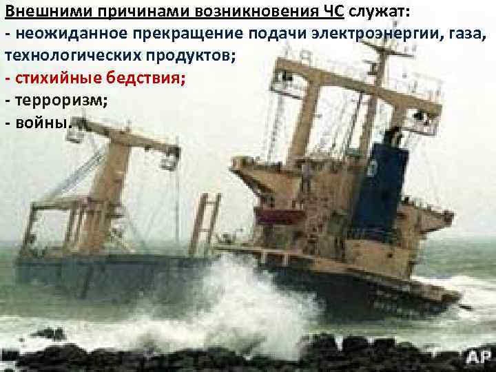 Внешними причинами возникновения ЧС служат: - неожиданное прекращение подачи электроэнергии, газа, технологических продуктов; -