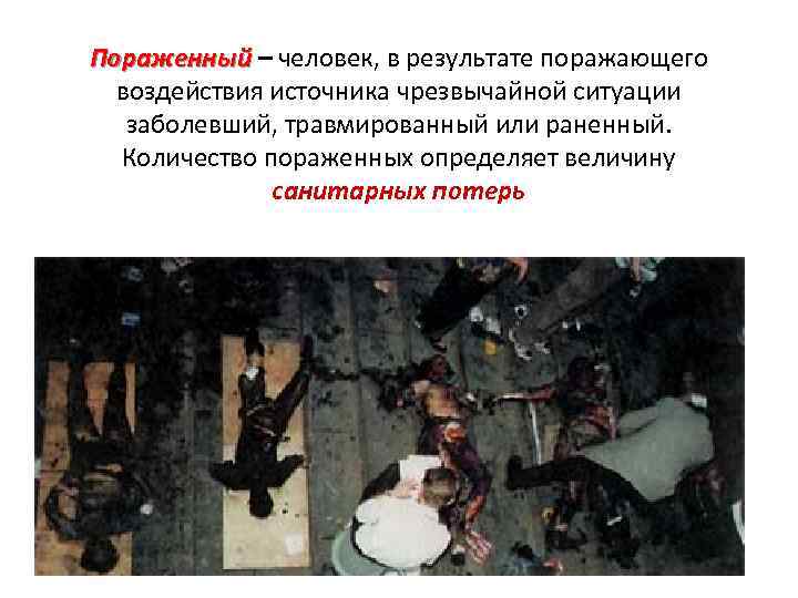 Пораженный – человек, в результате поражающего Пораженный воздействия источника чрезвычайной ситуации заболевший, травмированный или