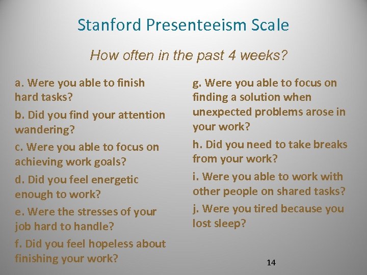 Stanford Presenteeism Scale How often in the past 4 weeks? a. Were you able