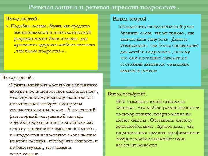 Речевая защита и речевая агрессия подростков. Вывод первый. « Подобно слезам , брань как