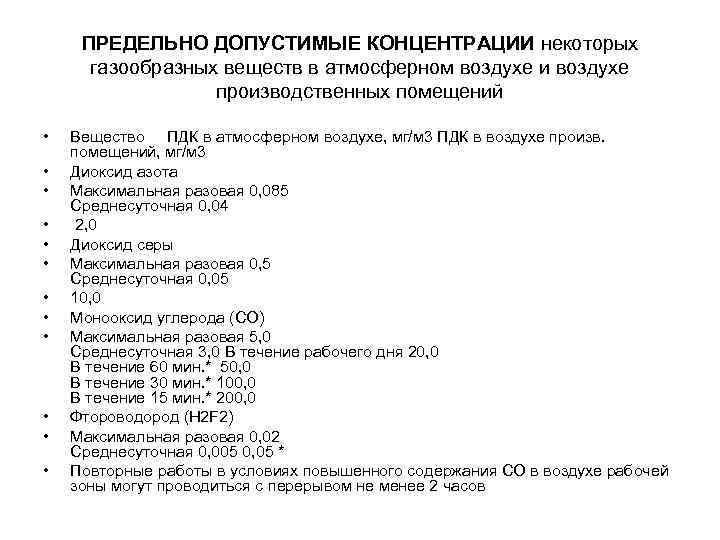 ПРЕДЕЛЬНО ДОПУСТИМЫЕ КОНЦЕНТРАЦИИ некоторых газообразных веществ в атмосферном воздухе и воздухе производственных помещений •