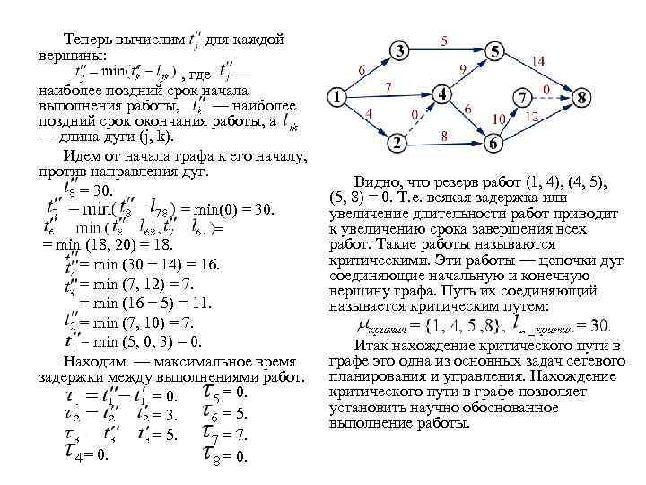 Теперь вычислим для каждой вершины: , где — наиболее поздний срок начала выполнения работы,