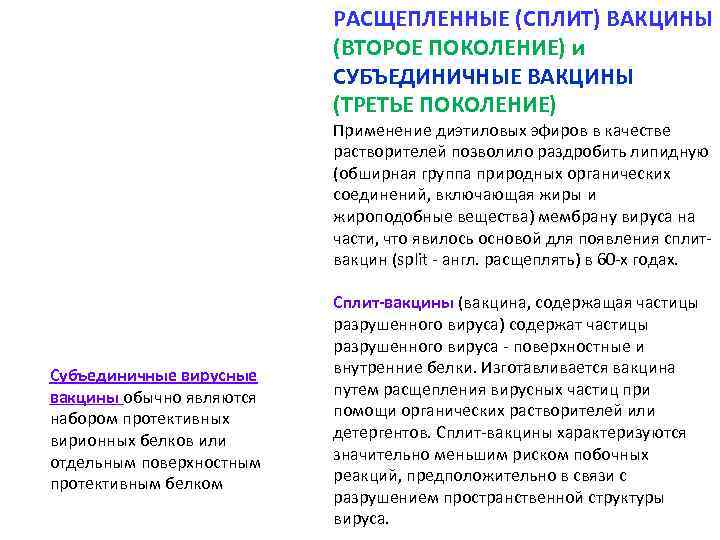 РАСЩЕПЛЕННЫЕ (СПЛИТ) ВАКЦИНЫ (ВТОРОЕ ПОКОЛЕНИЕ) и СУБЪЕДИНИЧНЫЕ ВАКЦИНЫ (ТРЕТЬЕ ПОКОЛЕНИЕ) Применение диэтиловых эфиров в