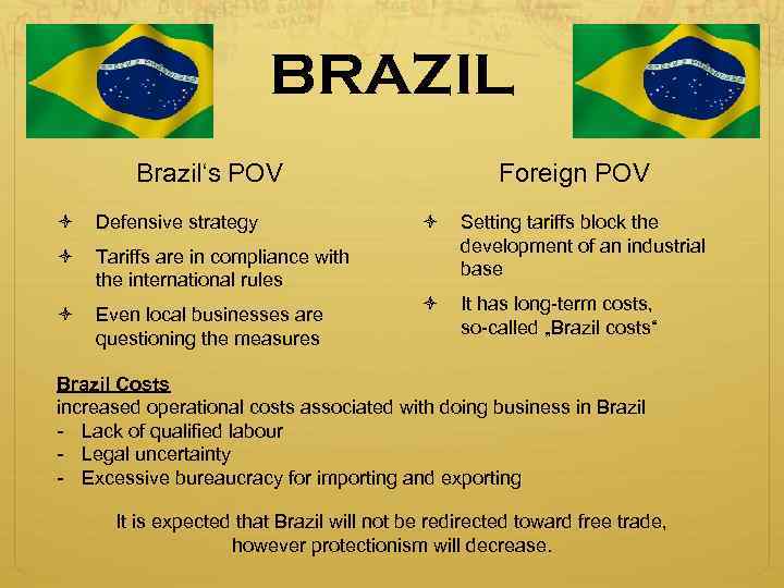 BRAZIL Brazil‘s POV Defensive strategy Tariffs are in compliance with the international rules Even