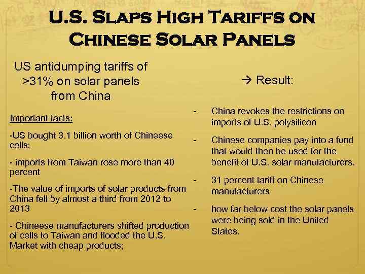 U. S. Slaps High Tariffs on Chinese Solar Panels US antidumping tariffs of >31%