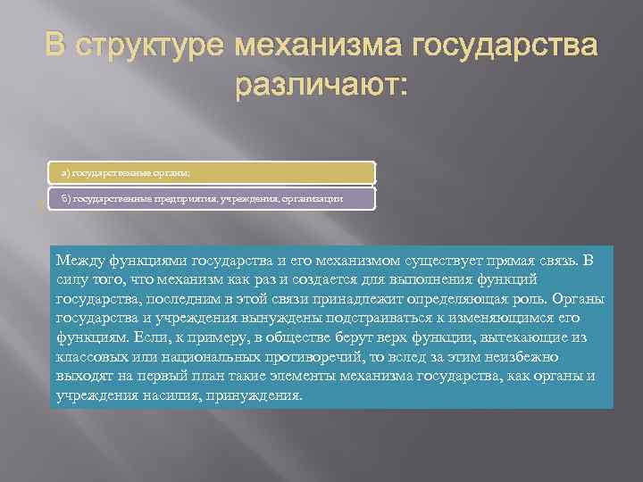 В структуре механизма государства различают: а) государственные органы; б) государственные предприятия, учреждения, организации Между