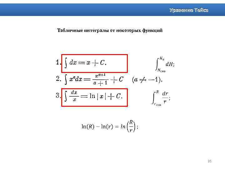 Уравение Тейса Табличные интегралы от некоторых функций 35 