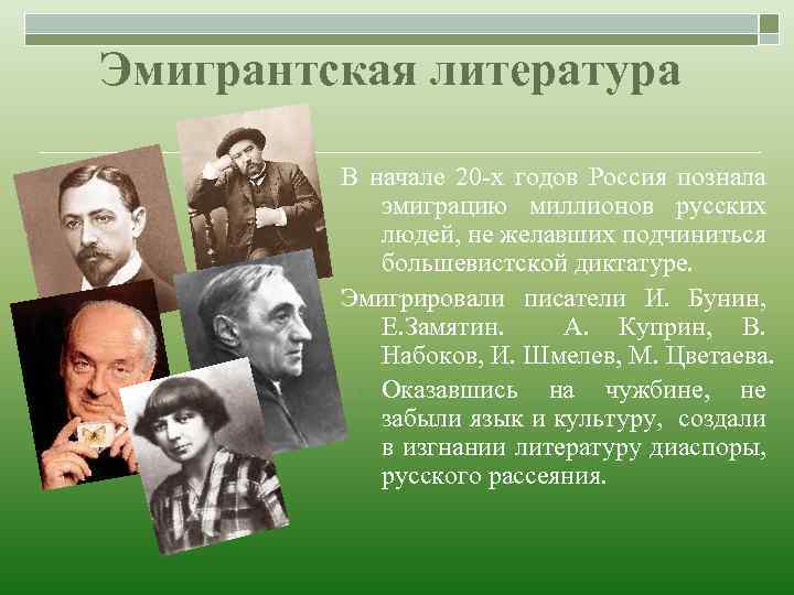 Эмигрантская литература В начале 20 -х годов Россия познала эмиграцию миллионов русских людей, не