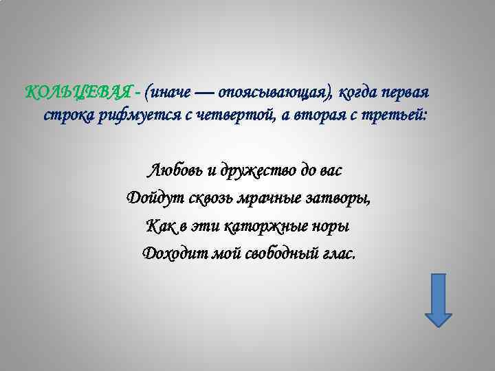 КОЛЬЦЕВАЯ - (иначе — опоясывающая), когда первая строка рифмуется с четвертой, а вторая с