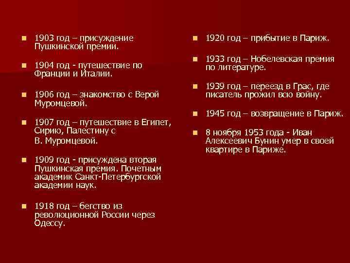 n 1903 год – присуждение Пушкинской премии. n 1904 год - путешествие по Франции