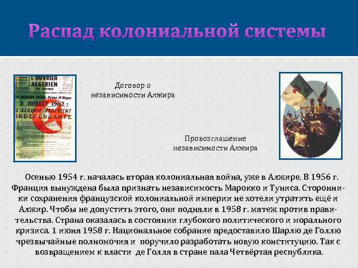 Распад колониальной системы Договор о независимости Алжира Провозглашение независимости Алжира Осенью 1954 г. началась