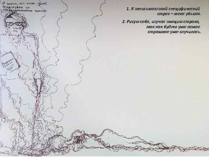 1. Я записываю свой специфический страх – меня убьют. 2. Рисую себя, изучая эмоцию