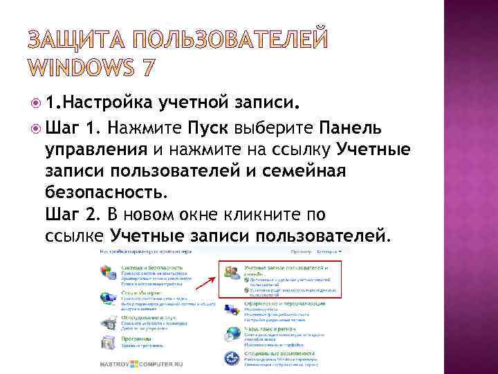  1. Настройка учетной записи. Шаг 1. Нажмите Пуск выберите Панель управления и нажмите