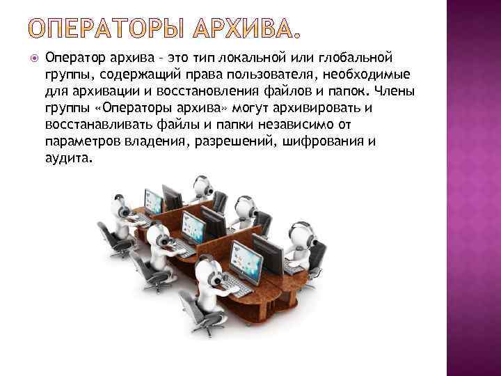  Оператор архива – это тип локальной или глобальной группы, содержащий права пользователя, необходимые