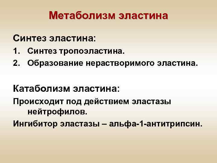 Метаболизм эластина Синтез эластина: 1. Синтез тропоэластина. 2. Образование нерастворимого эластина. Катаболизм эластина: Происходит