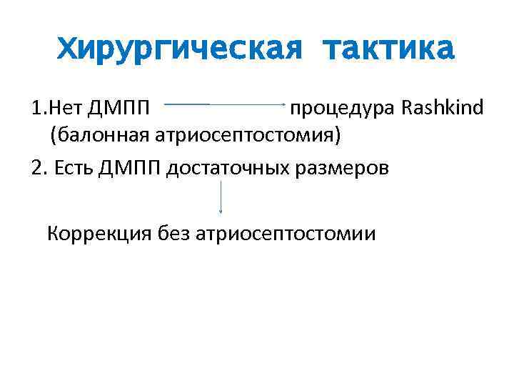 Хирургическая тактика 1. Нет ДМПП процедура Rashkind (балонная атриосептостомия) 2. Есть ДМПП достаточных размеров