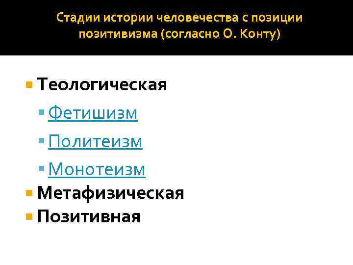 Стадии истории человечества с позиции позитивизма (согласно О. Конту) Теологическая Фетишизм Политеизм Монотеизм Метафизическая