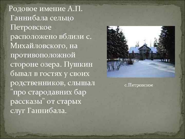 Родовое имение А. П. Ганнибала сельцо Петровское расположено вблизи с. Михайловского, на противоположной стороне