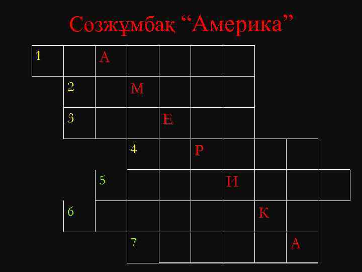 Сөзжұмбақ “Америка” 1 А 2 М 3 Е 4 5 Р И 6 К