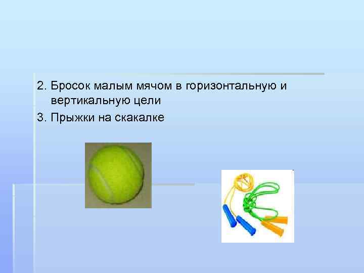 2. Бросок малым мячом в горизонтальную и вертикальную цели 3. Прыжки на скакалке 