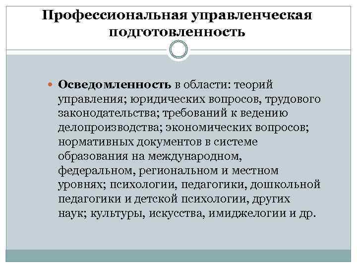 Профессиональная управленческая подготовленность Осведомленность в области: теорий управления; юридических вопросов, трудового законодательства; требований к