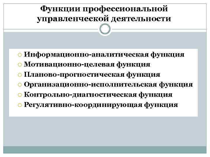 Функции профессиональной управленческой деятельности Информационно-аналитическая функция Мотивационно-целевая функция Планово-прогностическая функция Организационно-исполнительская функция Контрольно-диагностическая функция