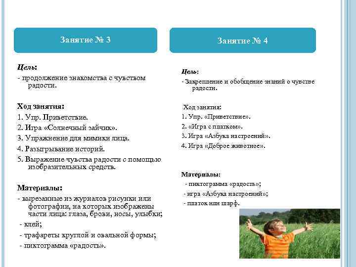Занятие № 3 Занятие № 4 Цель: - продолжение знакомства с чувством радости. Ход