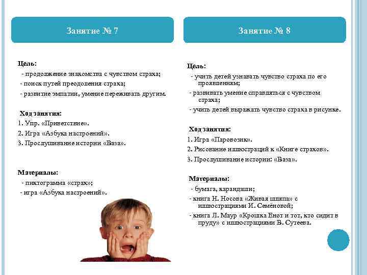 Занятие № 7 Занятие № 8 Цель: - продолжение знакомства с чувством страха; -