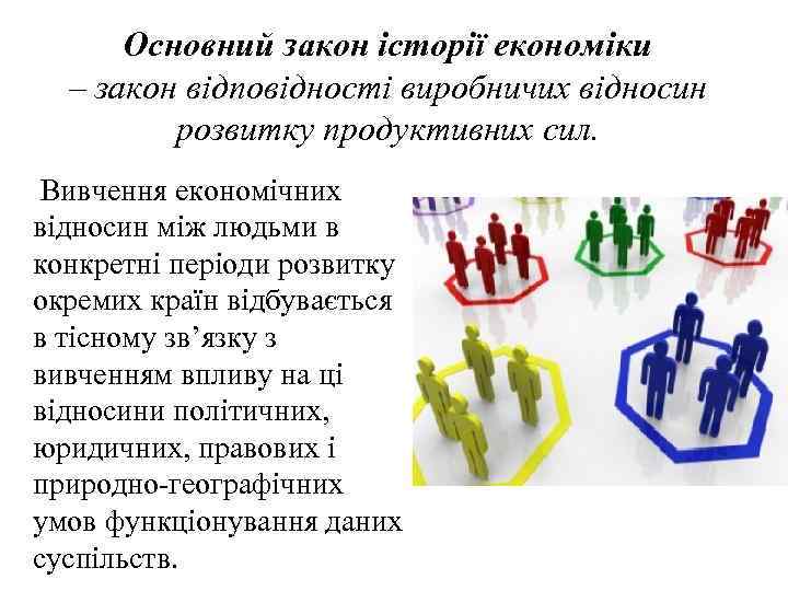 Основний закон історії економіки – закон відповідності виробничих відносин розвитку продуктивних сил. Вивчення економічних