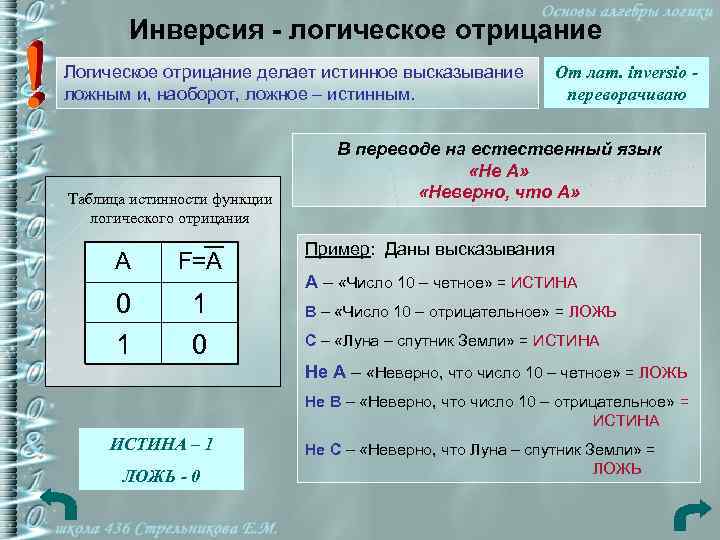 Инверсия - логическое отрицание Логическое отрицание делает истинное высказывание ложным и, наоборот, ложное –