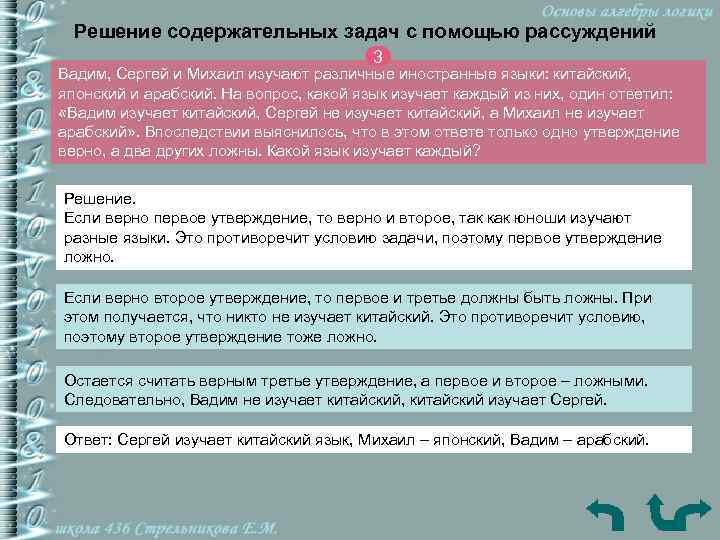 Решение содержательных задач с помощью рассуждений 3 Вадим, Сергей и Михаил изучают различные иностранные