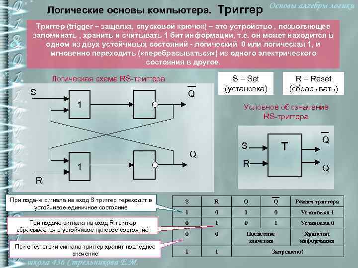 Логические основы компьютера. Триггер (trigger – защелка, спусковой крючок) – это устройство , позволяющее