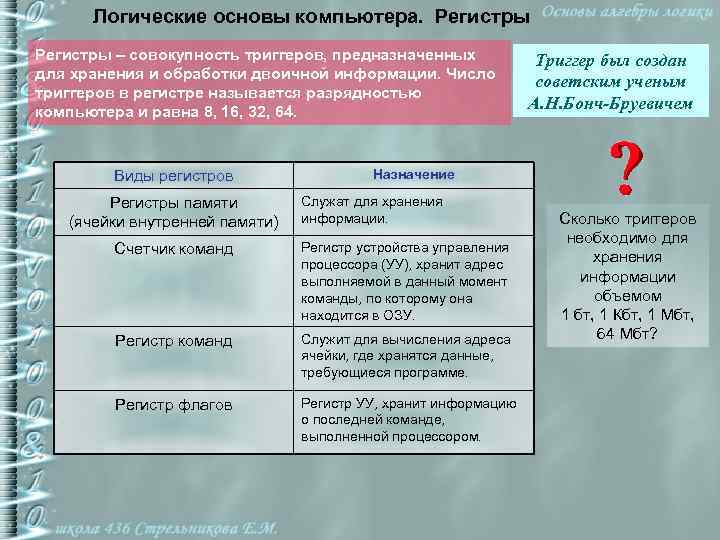 Логические основы компьютера. Регистры – совокупность триггеров, предназначенных для хранения и обработки двоичной информации.