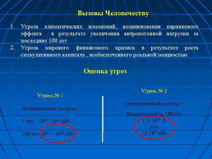 Вызовы Человечеству 1. 2. Угроза климатических изменений, возникновения парникового эффекта в результате увеличения антропогенной