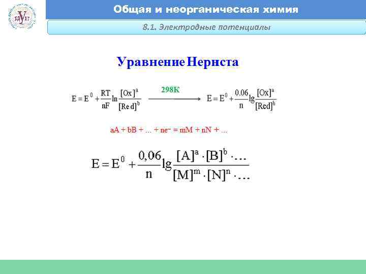 Общая и неорганическая химия 8. 1. Электродные потенциалы Факультет экономики и менеджмента 