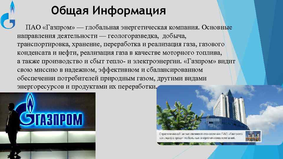 Общая Информация ПАО «Газпром» — глобальная энергетическая компания. Основные направления деятельности — геологоразведка, добыча,