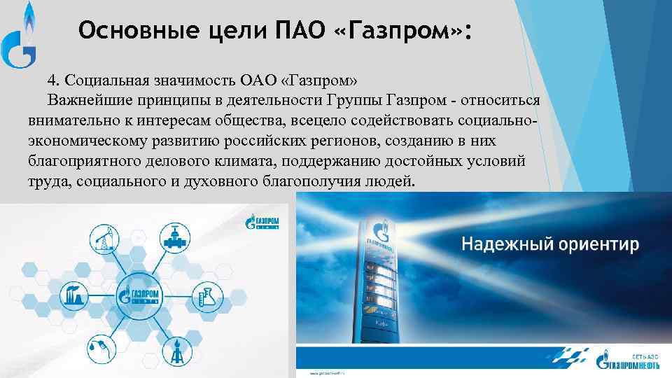 Основные цели ПАО «Газпром» : 4. Социальная значимость ОАО «Газпром» Важнейшие принципы в деятельности