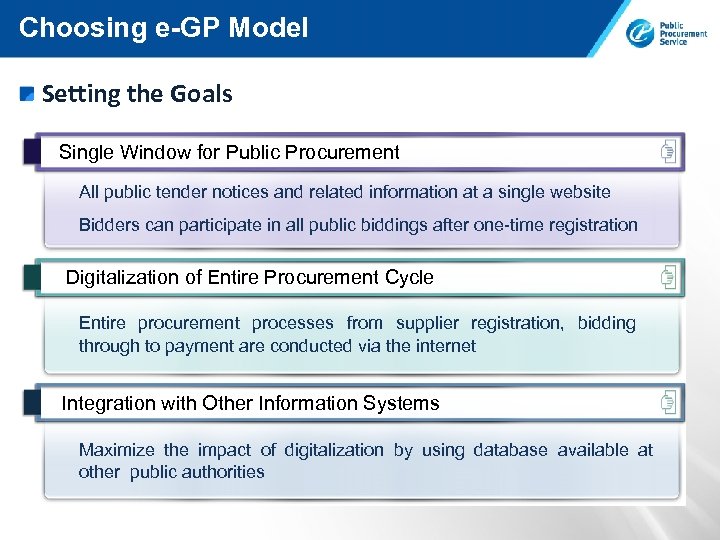 Choosing e-GP Model Setting the Goals Single Window for Public Procurement All public tender