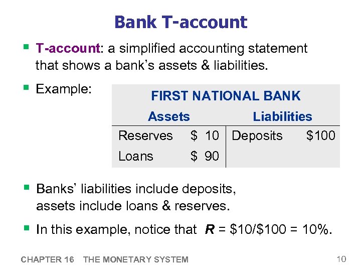 Bank T-account § T-account: a simplified accounting statement that shows a bank’s assets &