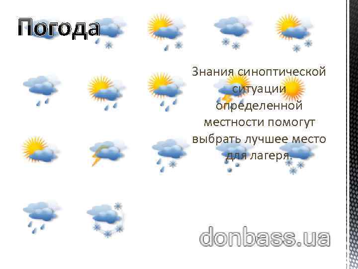 Погода Знания синоптической ситуации определенной местности помогут выбрать лучшее место для лагеря. 