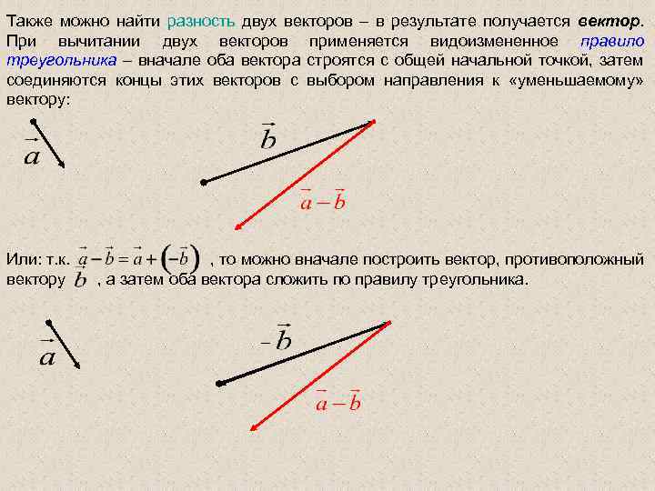 Вектор с и b противоположно направлены. Вектор разности двух векторов. Разность двух векторов. Разность точек вектор. Вычесть два вектора по правилу треугольника.