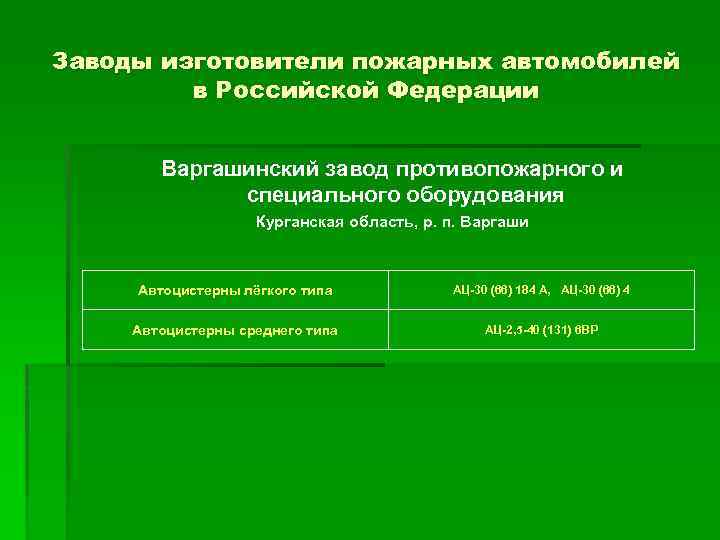 Заводы изготовители пожарных автомобилей в Российской Федерации Варгашинский завод противопожарного и специального оборудования Курганская