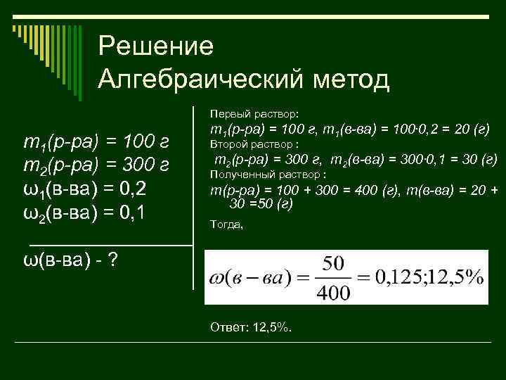 Решение Алгебраический метод Первый раствор: m 1(р-ра) = 100 г m 2(р-ра) = 300