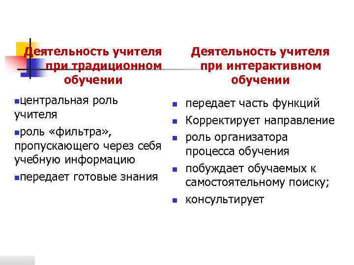 Деятельность учителя при традиционном обучении центральная роль учителя nроль «фильтра» , пропускающего через себя