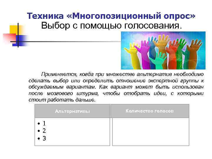 Техника «Многопозиционный опрос» Выбор с помощью голосования. Применяется, когда при множестве альтернатив необходимо сделать
