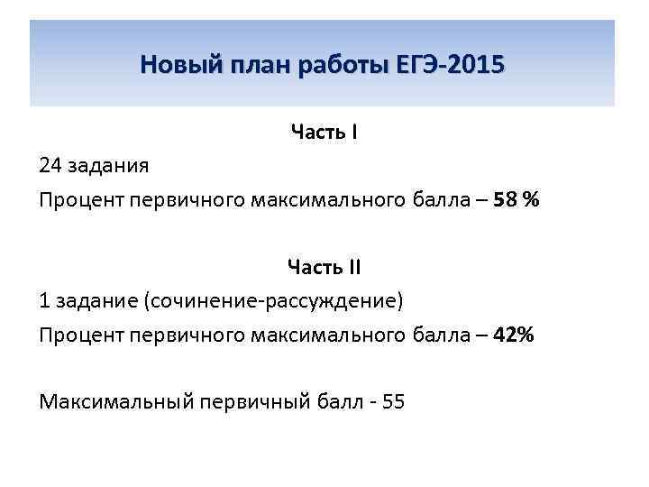 Новый план работы ЕГЭ-2015 Часть I 24 задания Процент первичного максимального балла – 58