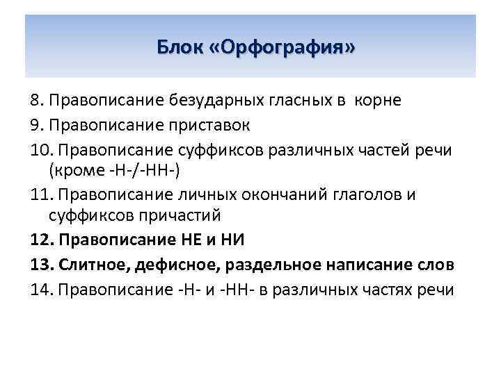  Блок «Орфография» 8. Правописание безударных гласных в корне 9. Правописание приставок 10. Правописание