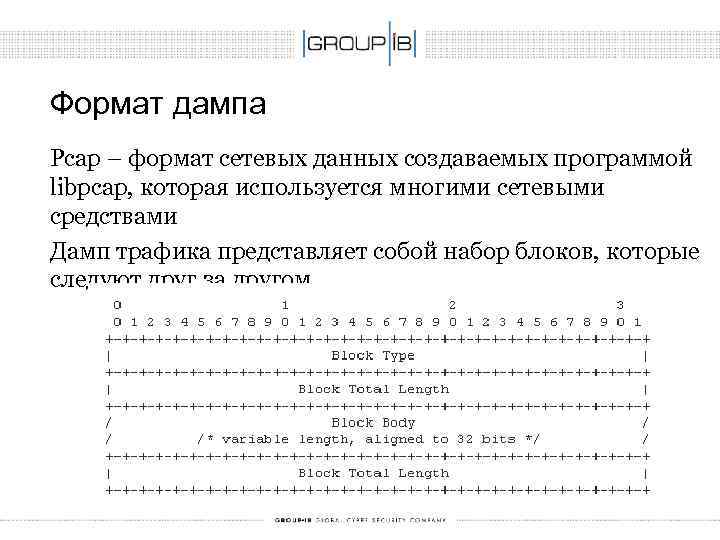 Формат дампа Pcap – формат сетевых данных создаваемых программой libpcap, которая используется многими сетевыми