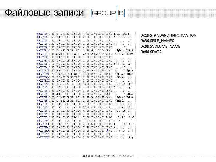 Файловые записи 0 x 10 STANDARD_INFORMATION 0 x 30 $FILE_NAME 0 0 x 60